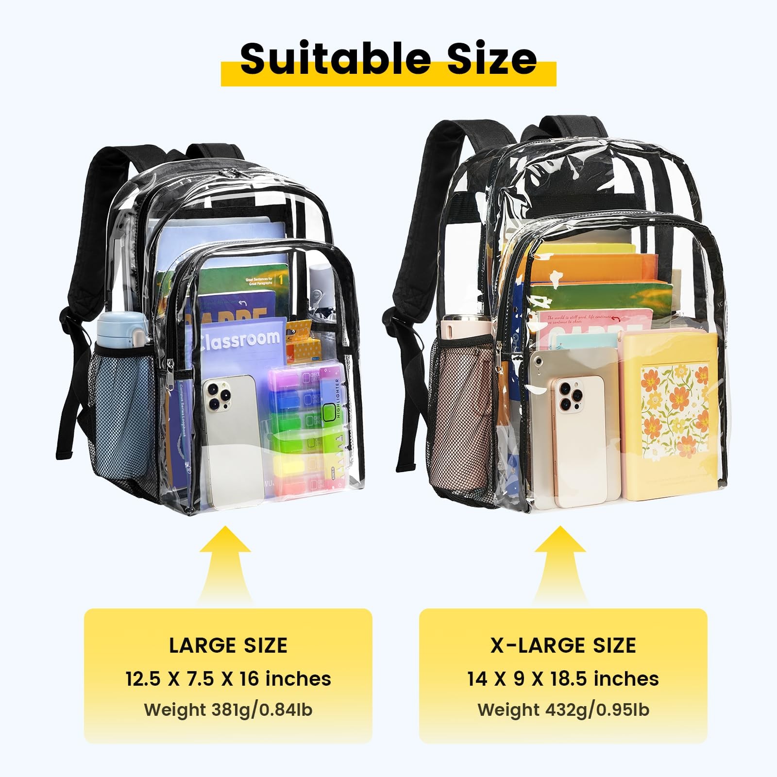 Clear Backpack for School, 16 inch Large Clear Bookbag, Black