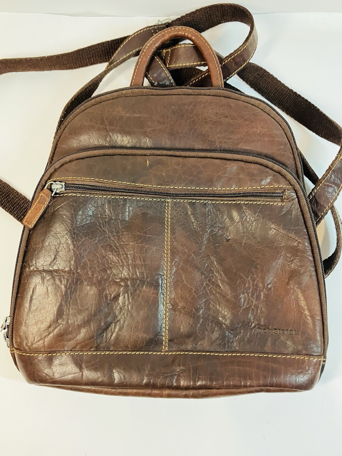 Jack Georges Voyager Backpack Hand Stained Buffalo Leather Brown Adjustable Stra