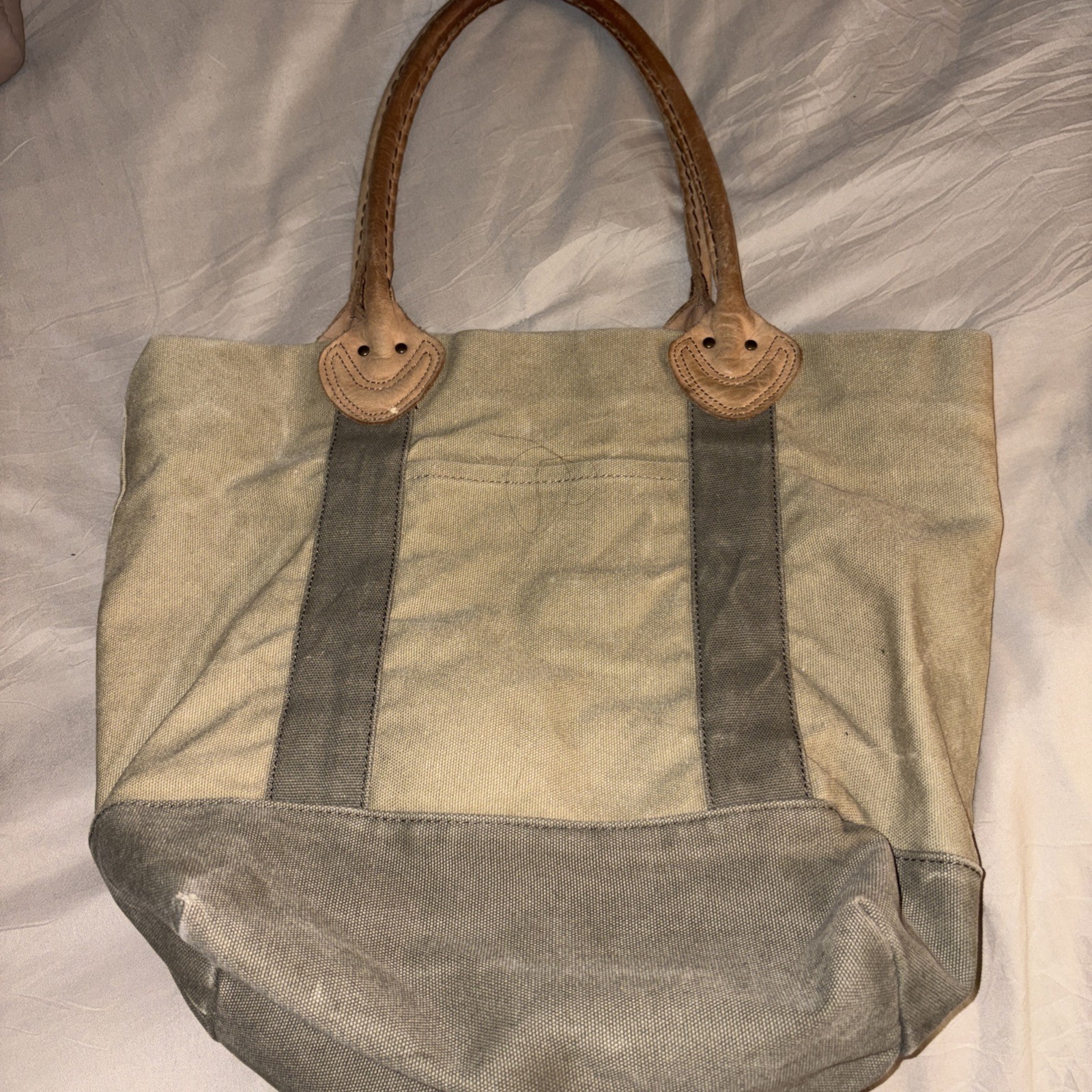 LL Bean Canvas Khaki Green Leather-Handle Boat Tote Plaid Lined Tan Shoulder Bag