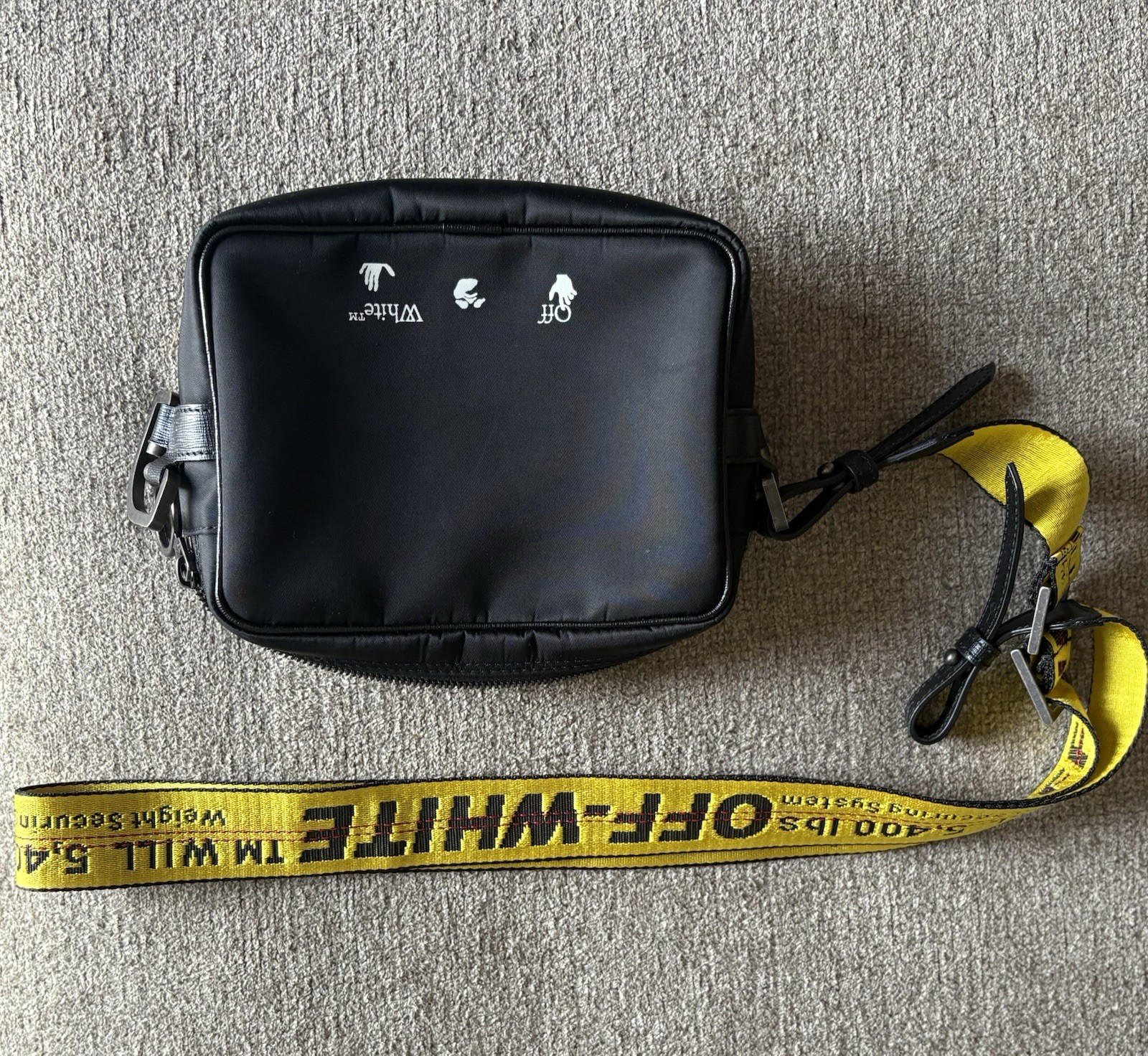 Off-White Black Shoulder Bag with Adjustable Yellow Strap Zip Closure
