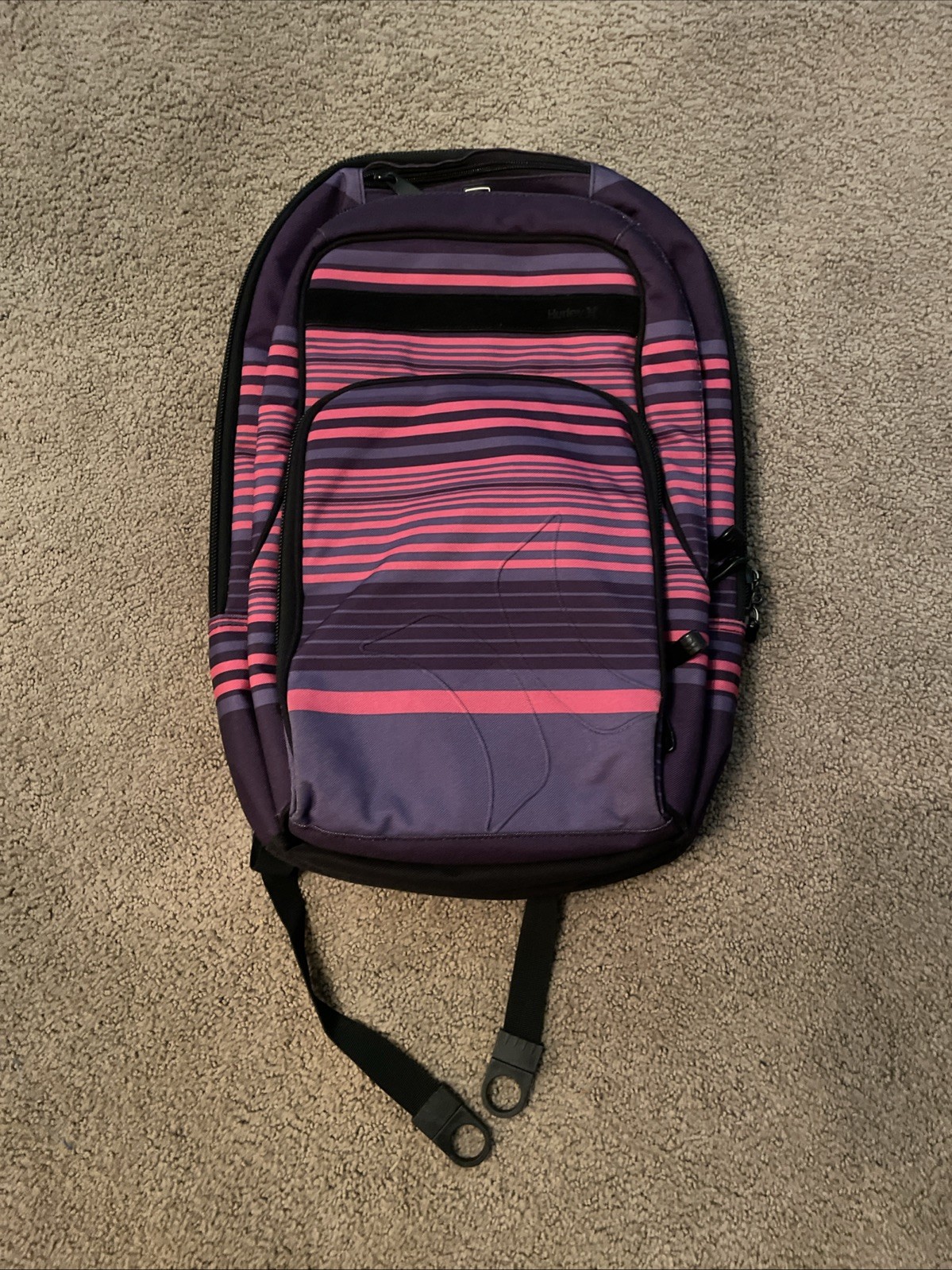 Hurley Purple Pink Striped Design Tech Laptop Backpack Bookbag