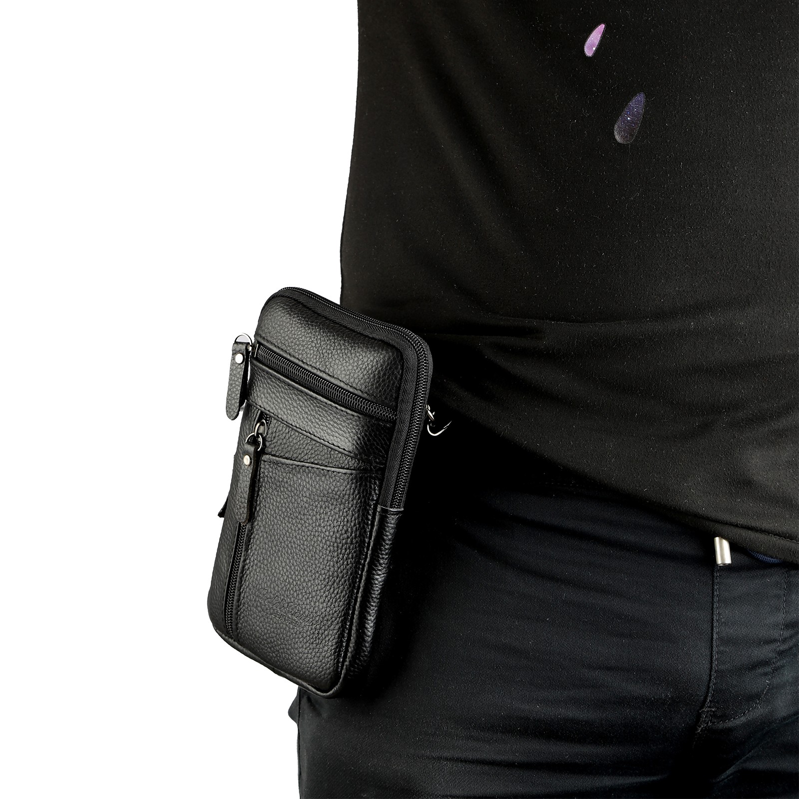 Men Leather Belt Bag Fashion Crossbody Phone Waist Pack 3-Zip Pouch Black/Brown