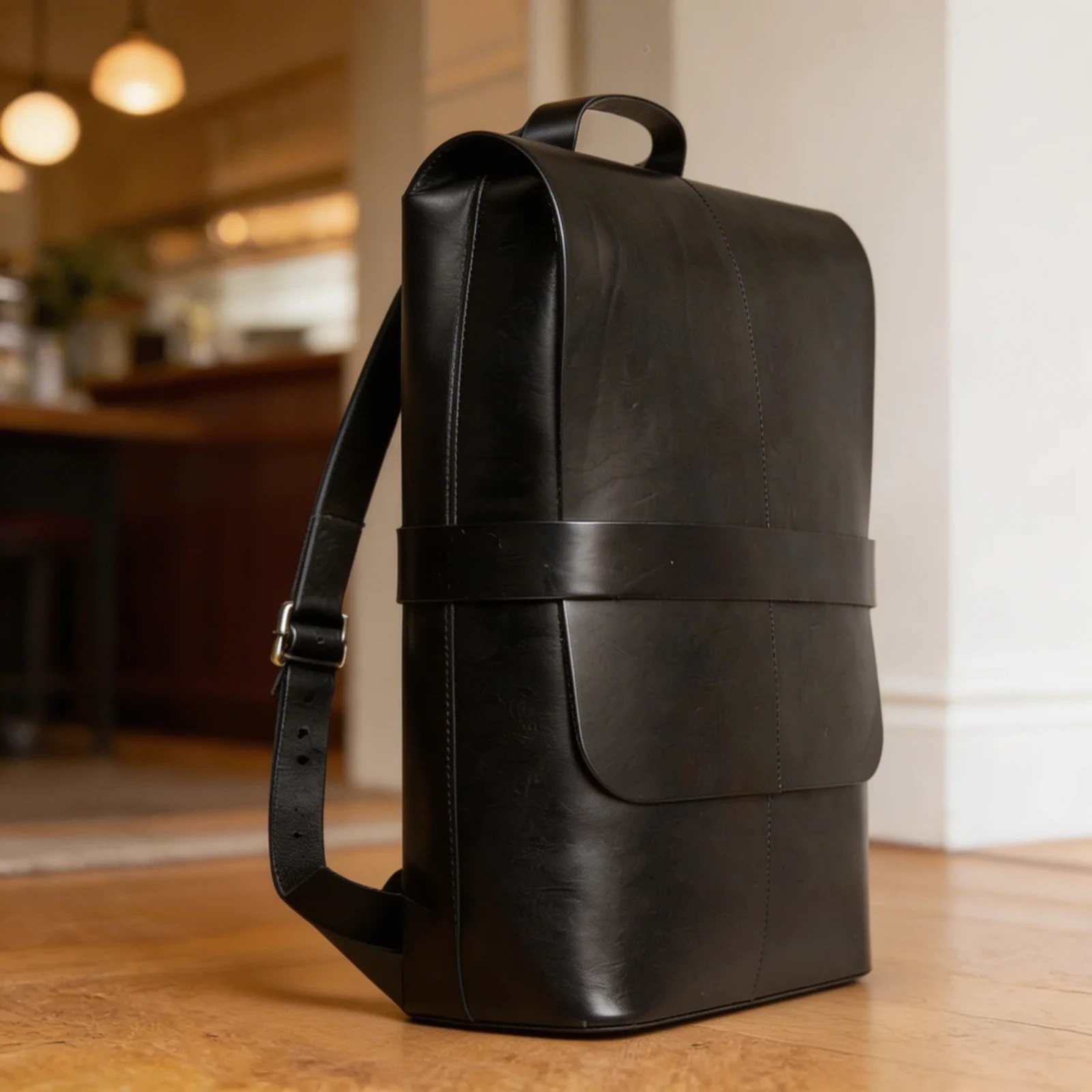 Luxury Full Grain Black Leather Backpack Minimalist Designer Travel Bag