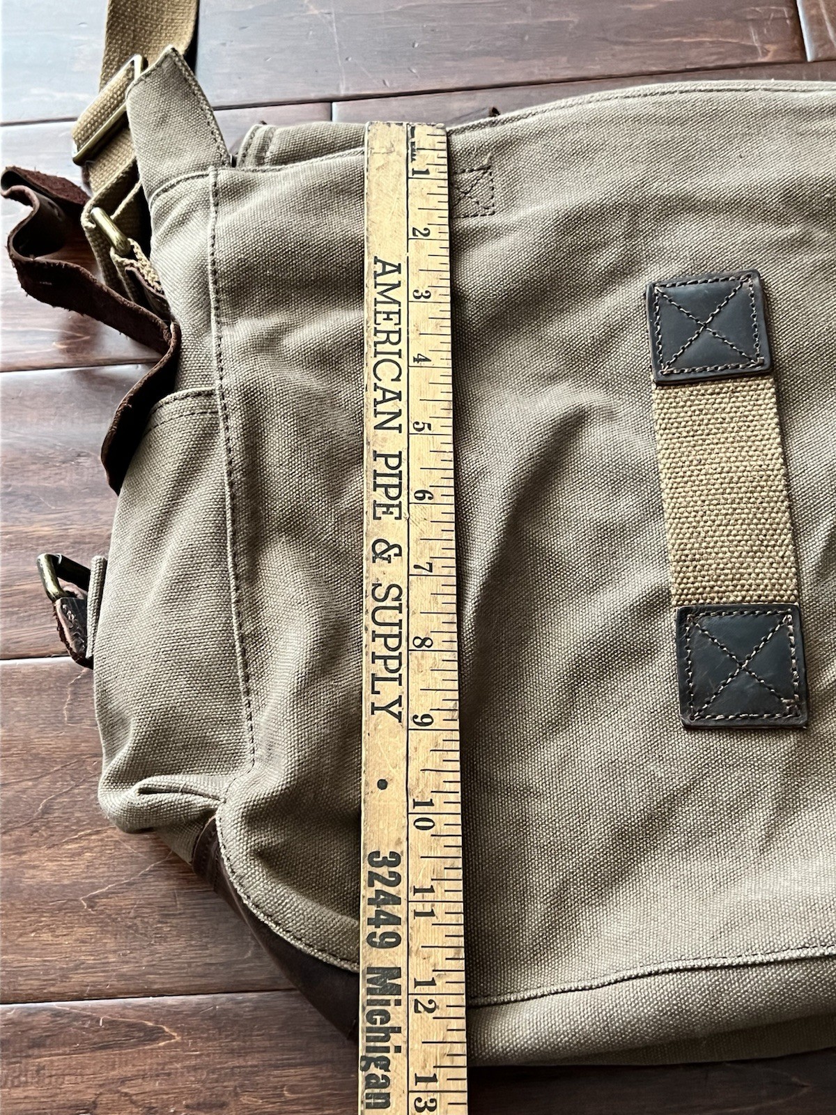 S-ZONE Brown Leather Canvas Zip Button Multi Pocket Shoulder Strap Messenger Bag