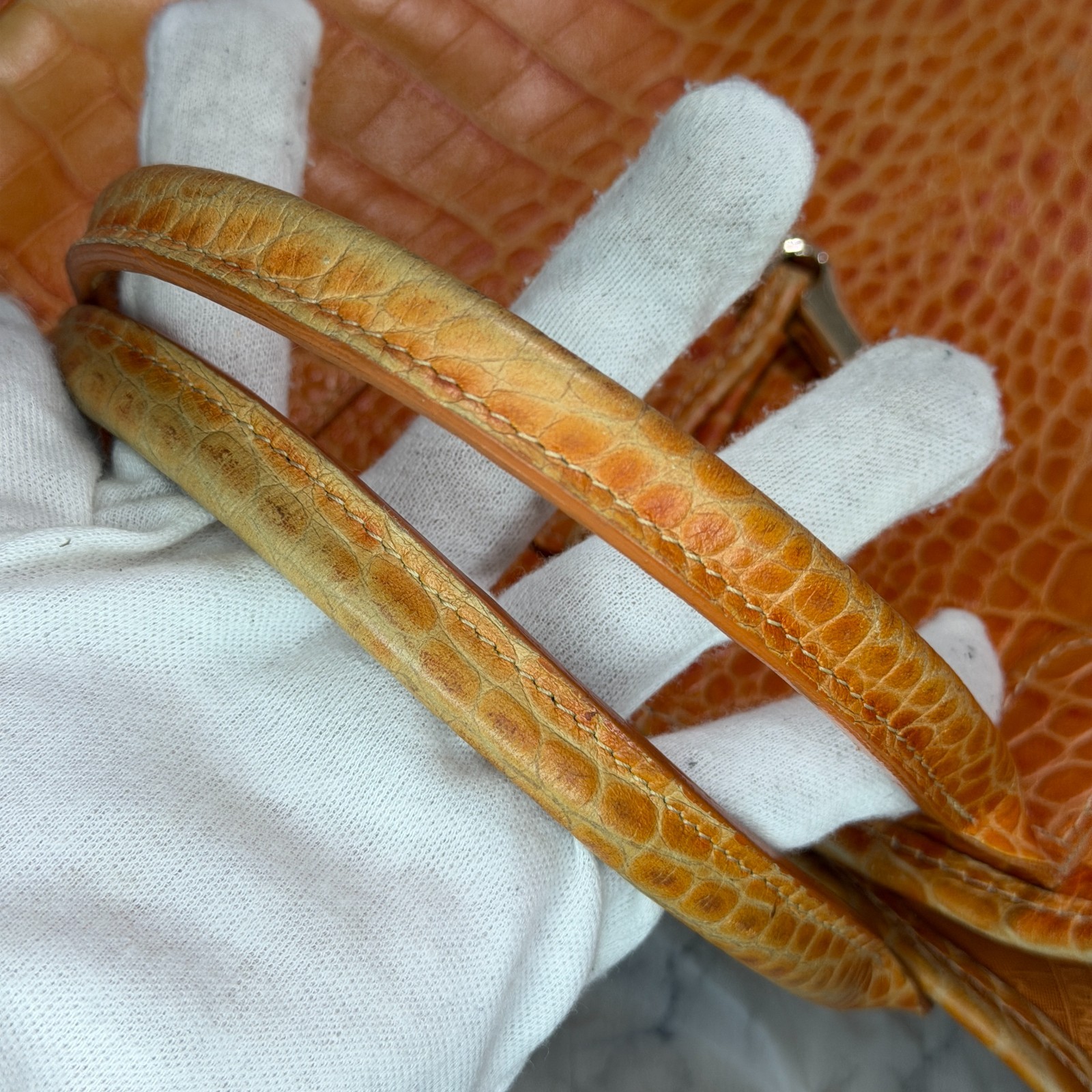 LONGCHAMP Leather Croco Croc Embossed Handbag Roseau Tote Bag orange Width: 33cm