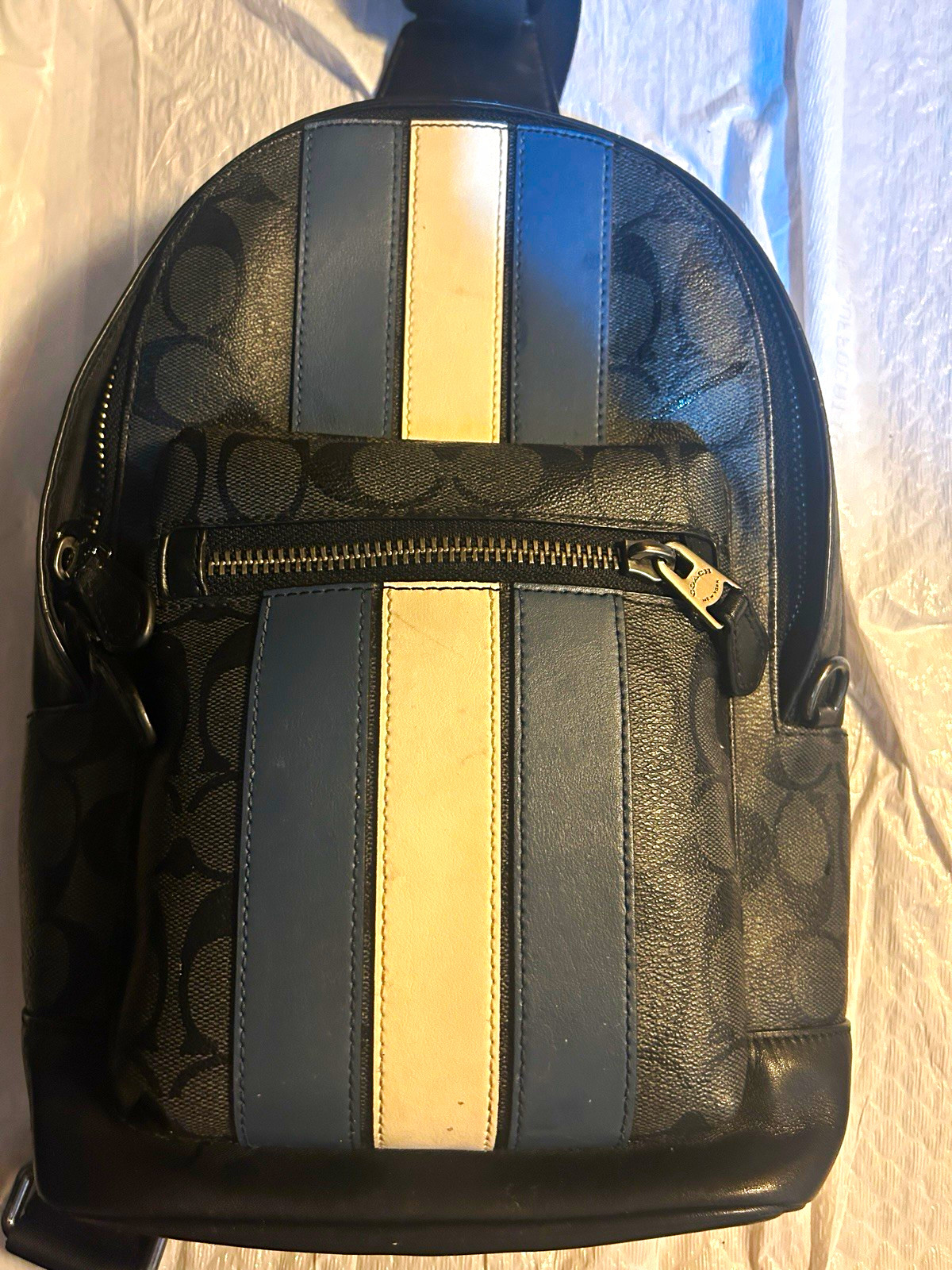 Coach Signature C Sling Bag Black Gray Beige Zip, Adjustable Strap, Pockets