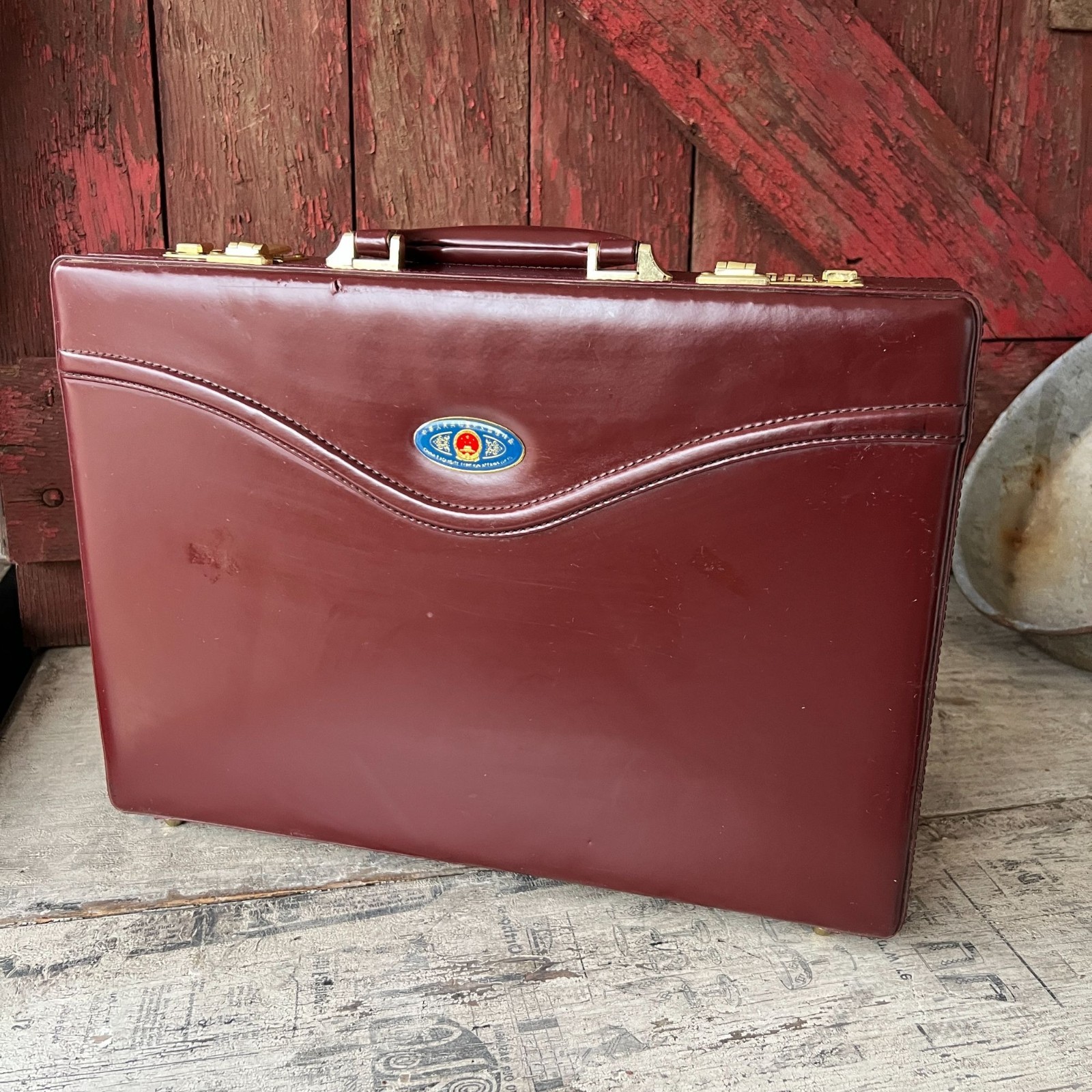 China Exquisite Foreign Affairs Gift Maroon Leather Briefcase 16.5″