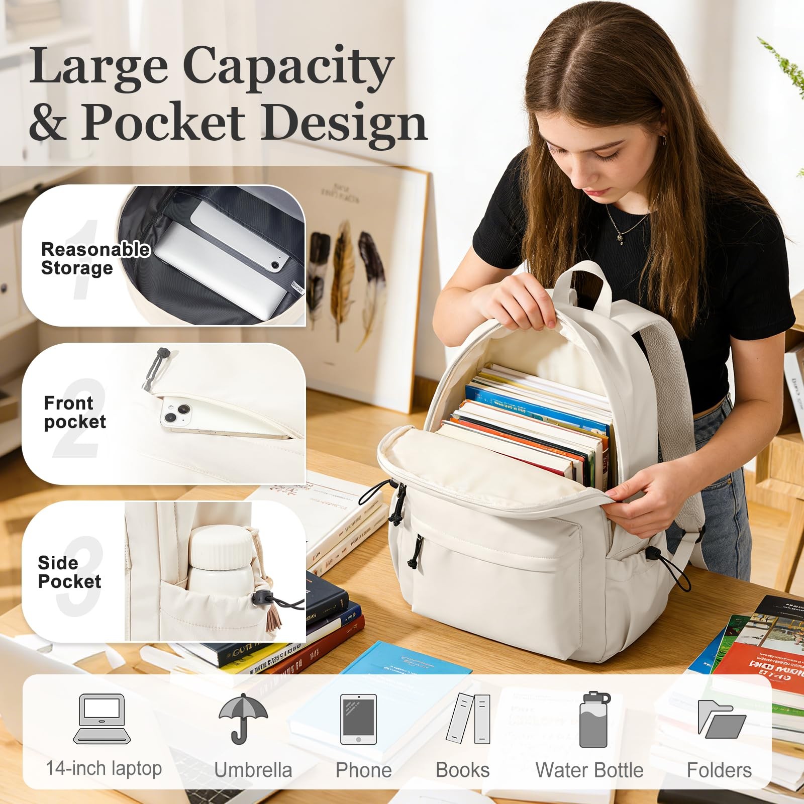 Middle School Backpack Simple College Students Aesthetic High School Bag Beige