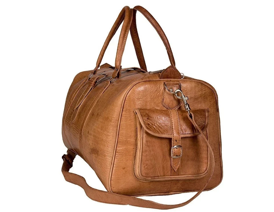 Genuine Goat Duffel Bag Handmade Weekend Travel Bag Large Aged Brown Leather