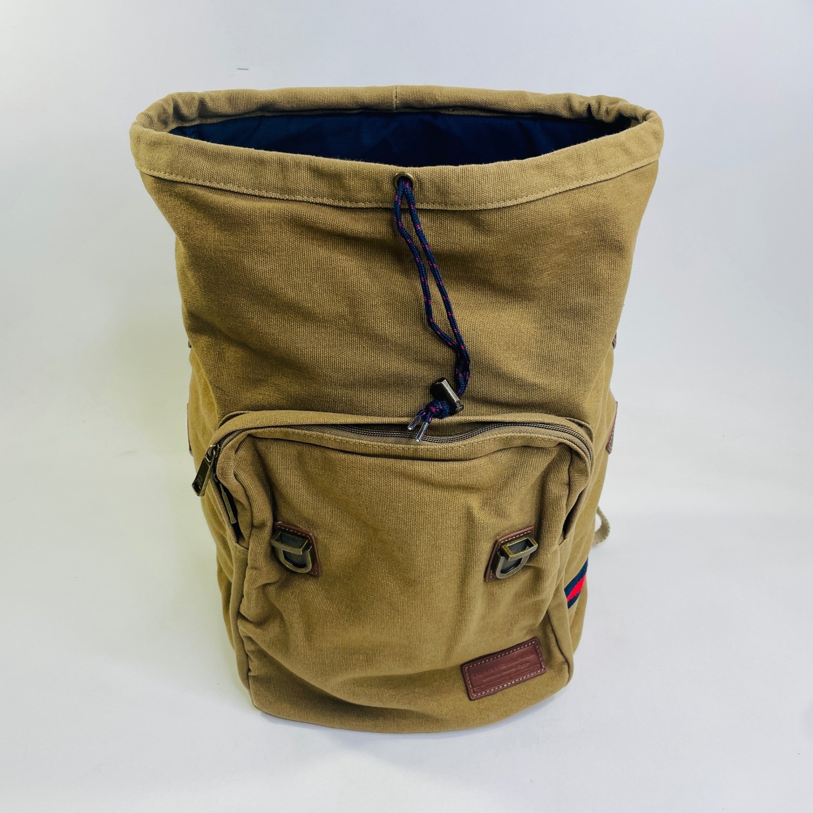 Tommy Hilfiger Canvas Rucksack Backpack Khaki Tan Brown Leather Trim Laptop Bag