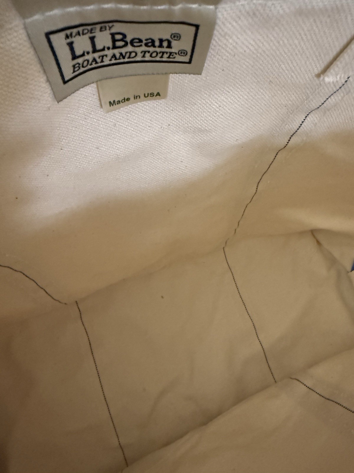 L.L. Bean Boat and Tote XL Canvas Bag Ivory and Blue Trim Name Embroidered