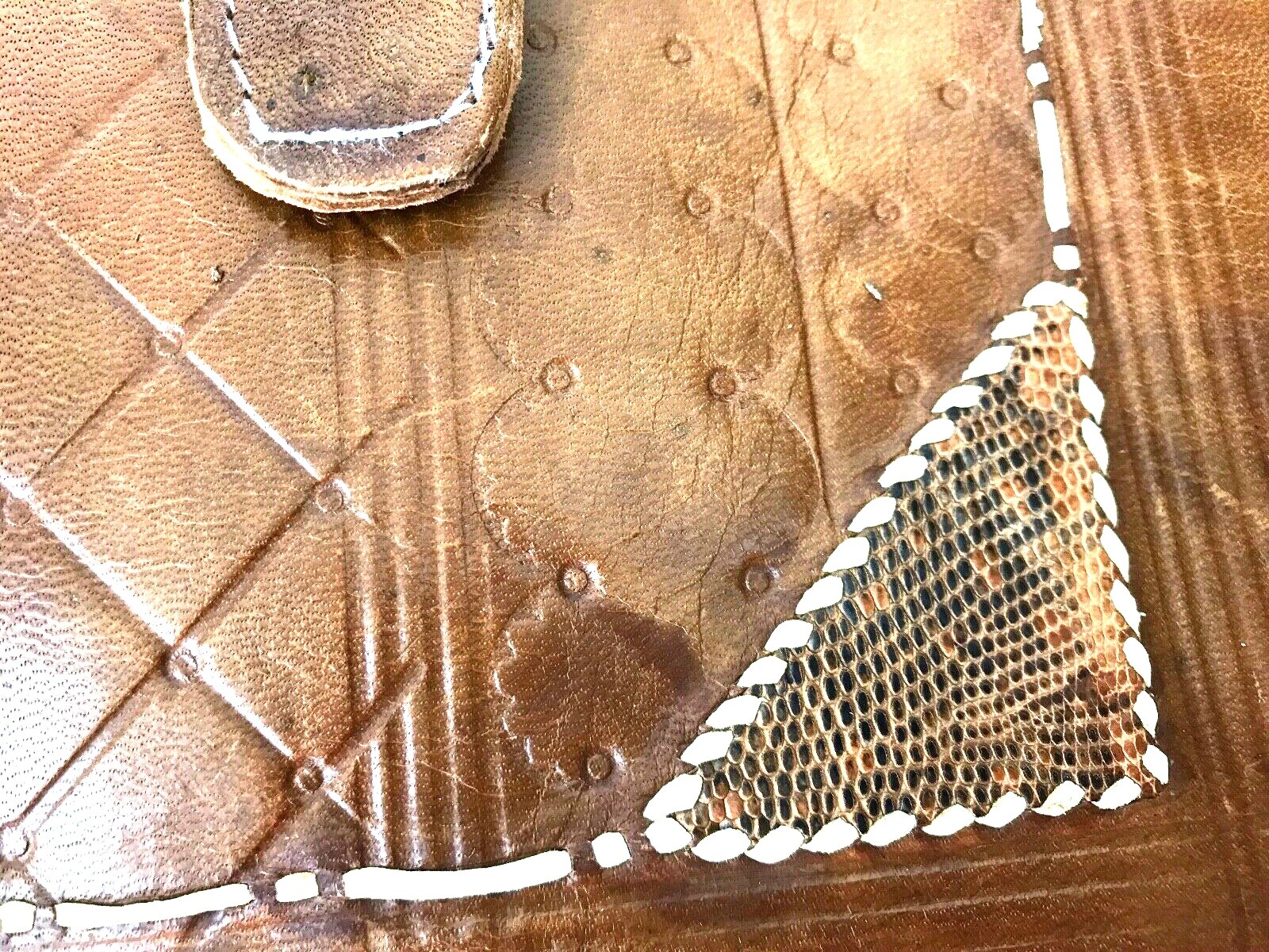 Hand Stitched Leather & Snakeskin Tooled Satchel Village Primitive Tan Unique