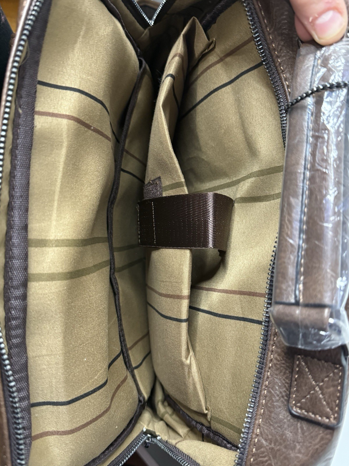 Brown Faux Leather Backpack Zip & Buckle, Padded Straps, Striped Lining