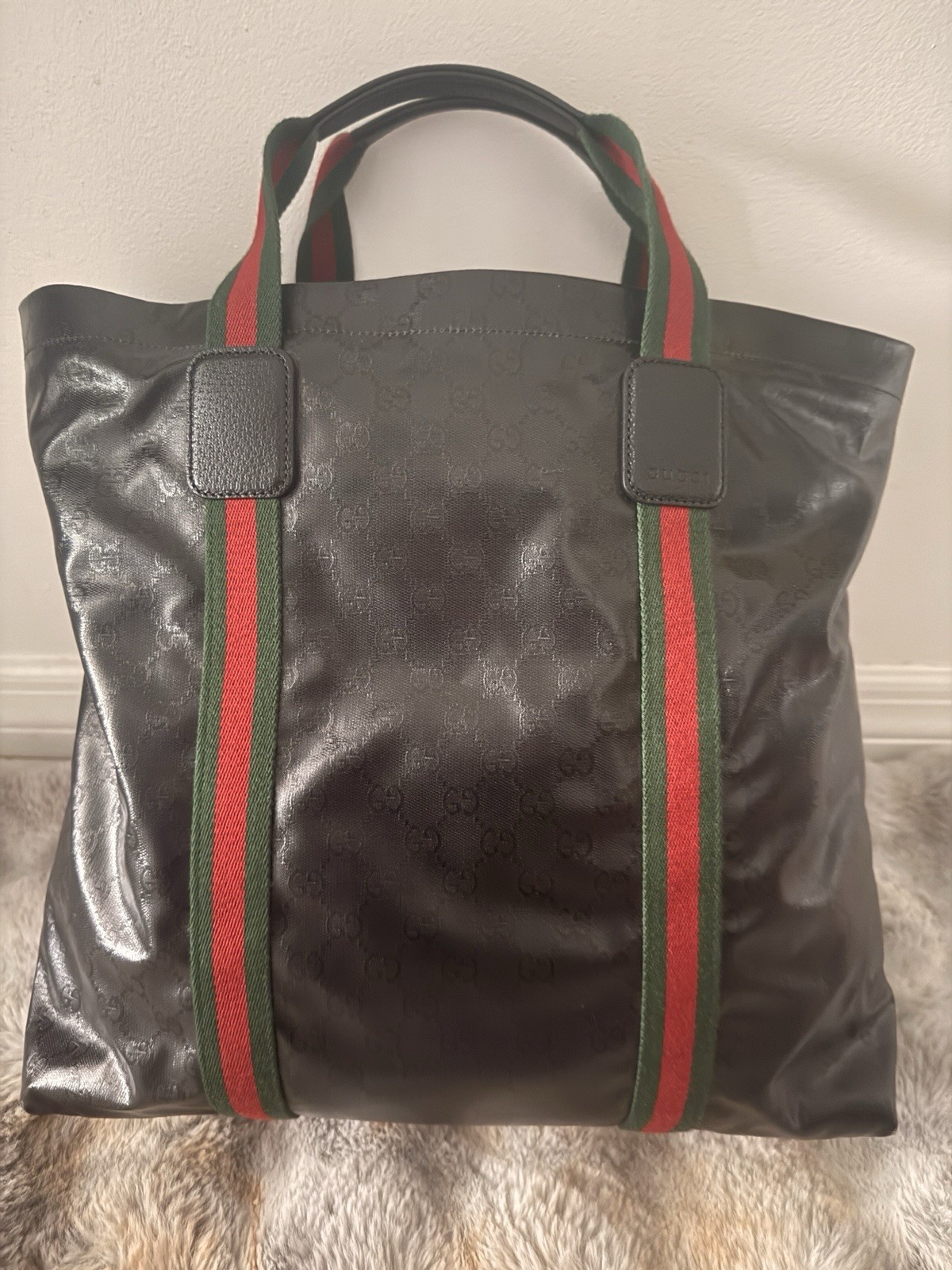 Authentic Gucci GG Black Crystal Monogram Large Tote Web Handle Bag NEW
