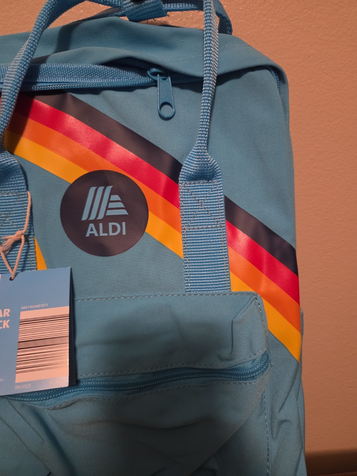 Aldi Gear Blue Rainbow Backpack with Laptop Sleeve Side Pockets Bright Logo NWT