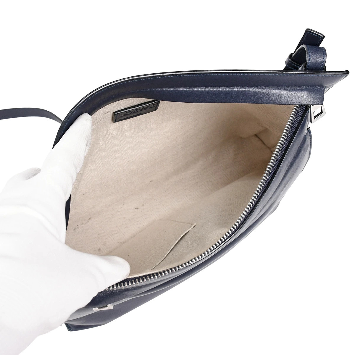 LOEWE Anagram Large Double Pouch Shoulder Crossbody Leather Navy Silver