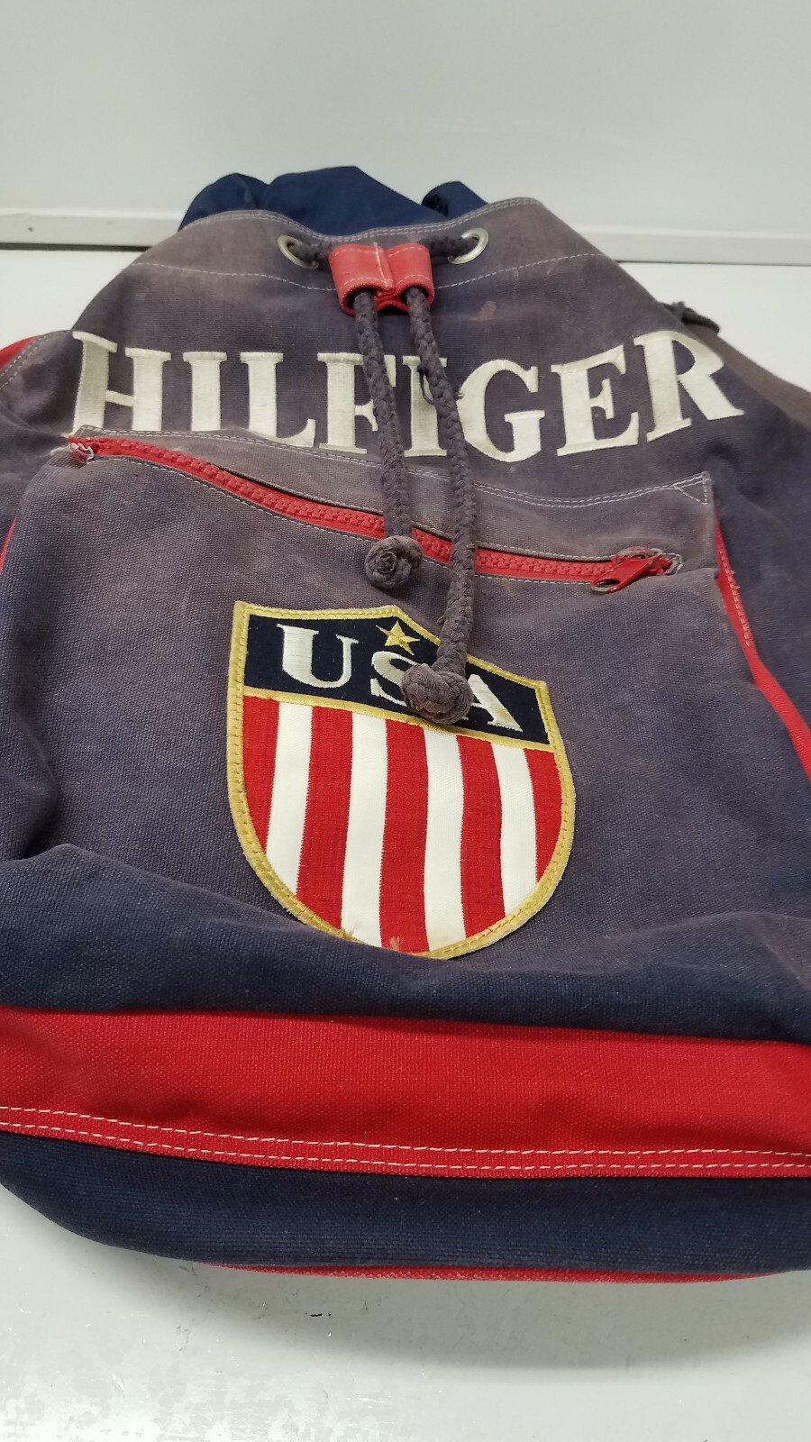 Vintage Tommy Hilfiger Big Flag USA Logo Colorblock Crest Knapsack Backpack Bag
