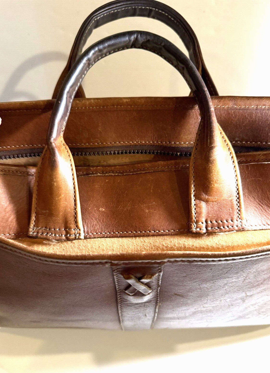 Jack Georges Brown Leather Briefcase Handles Zippers Many Pockets 16-1/2″ x 11″