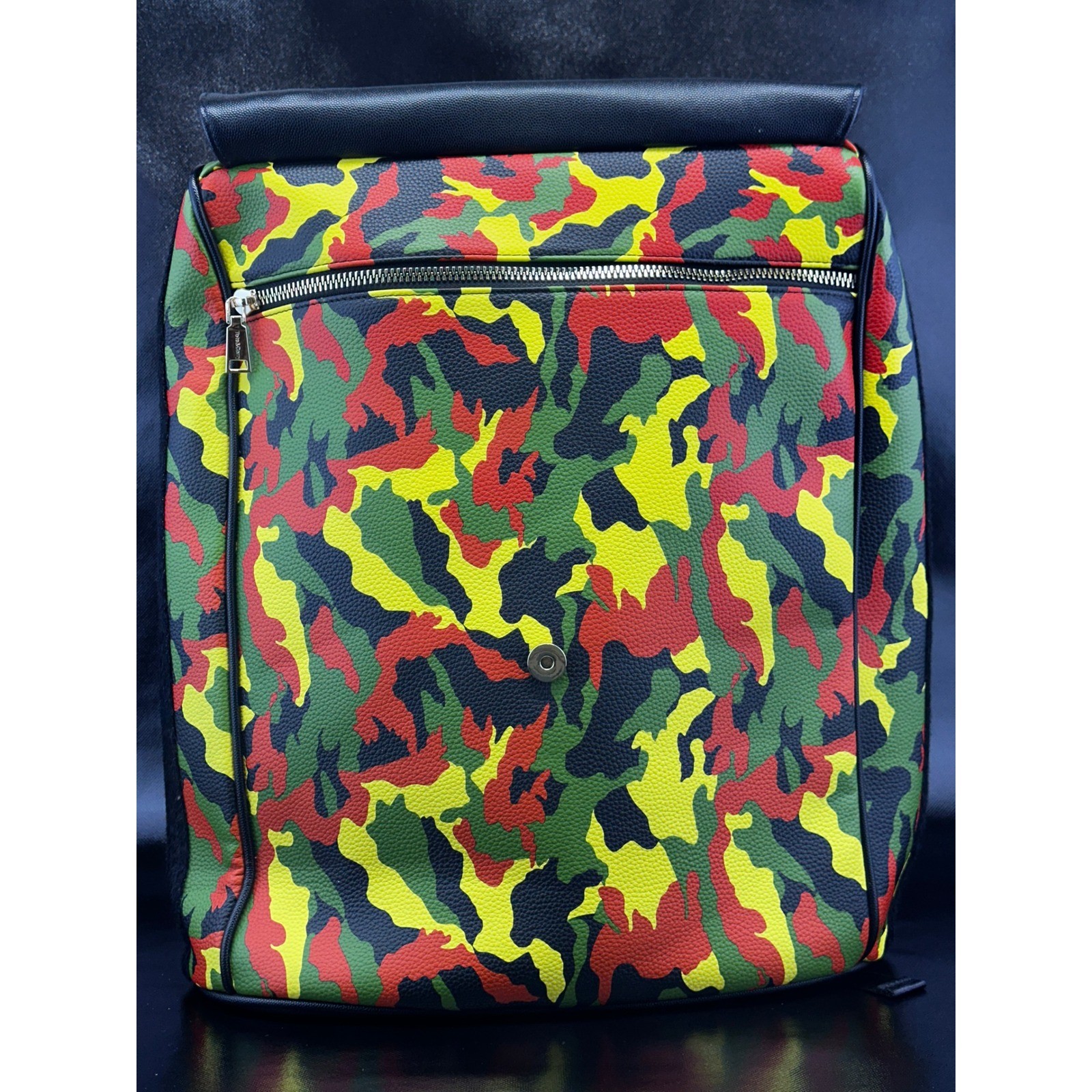 Colorful Camo Flap Backpack – Front Zipper Pocket, Faux Leather, Multicolor