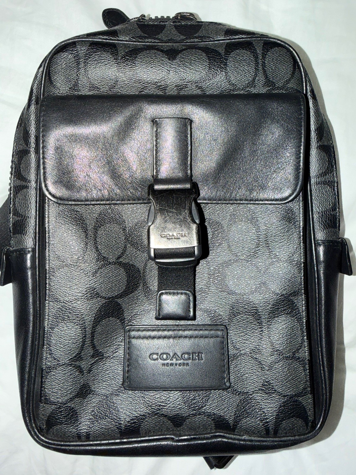 Coach Men’s Track Pack Shoulder Bag Black Gray Signature Canvas C2711 SHIPS FREE