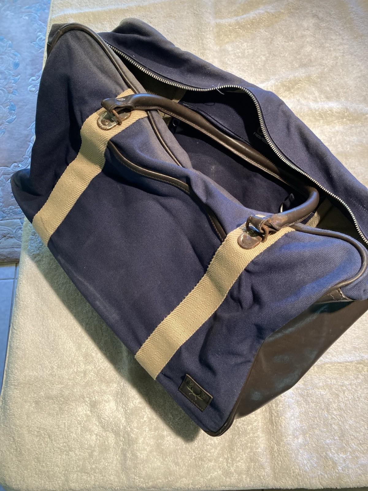 Distressed Fred Perry Leather And Canvas Blue Tote Bag