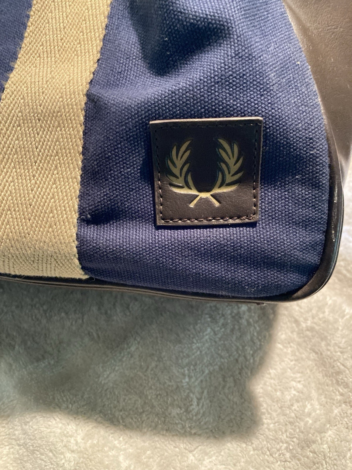 Distressed Fred Perry Leather And Canvas Blue Tote Bag