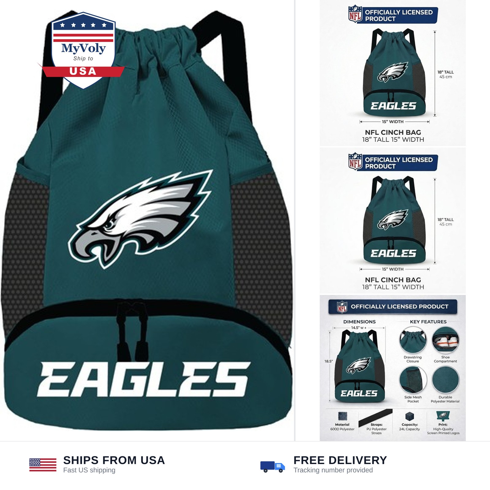 NFL Philadelphia Eagles Cinch Bag – Standard Logo Drawstring Backpack