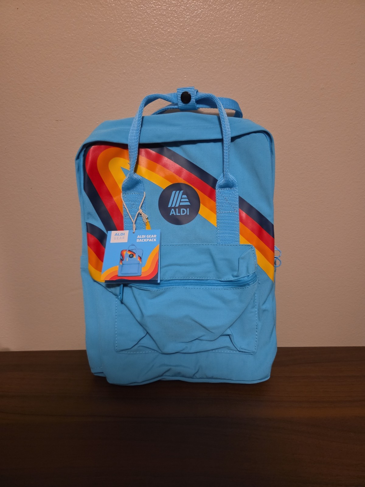 Aldi Gear Blue Rainbow Backpack with Laptop Sleeve Side Pockets Bright Logo NWT