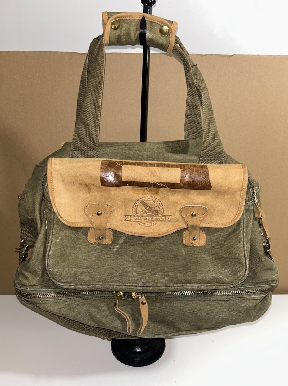 Vintage Eddie Bauer Army Green Safari Canvas Leather Duffle Shoulder Utility Bag