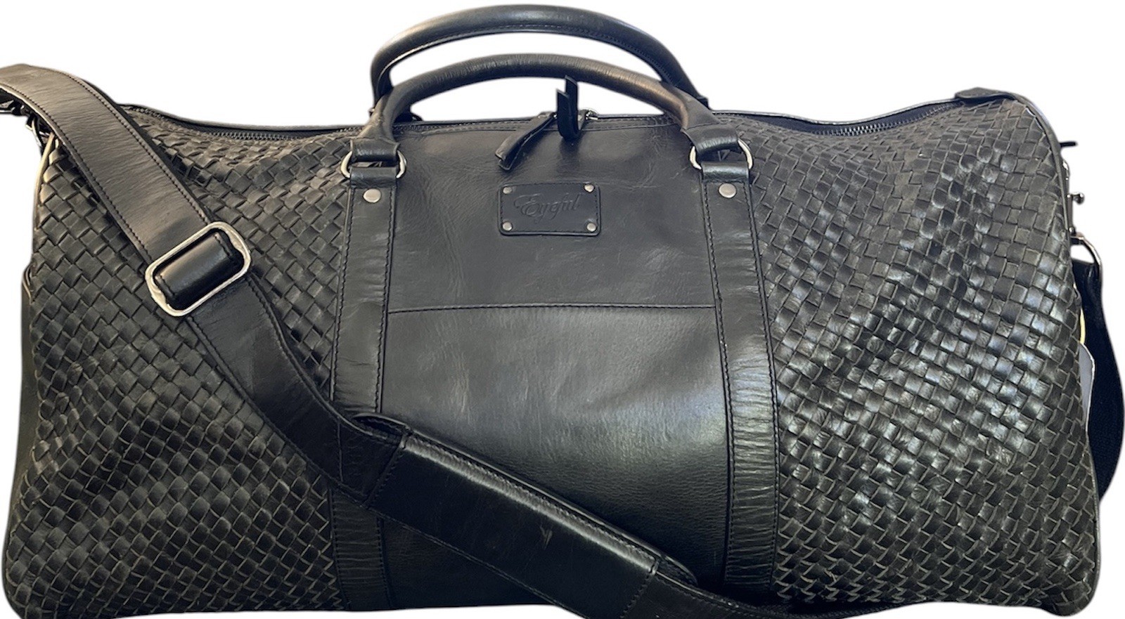 Eyeful Black Woven Genuine Leather Duffel Weekender Travel Bag 22” NEW