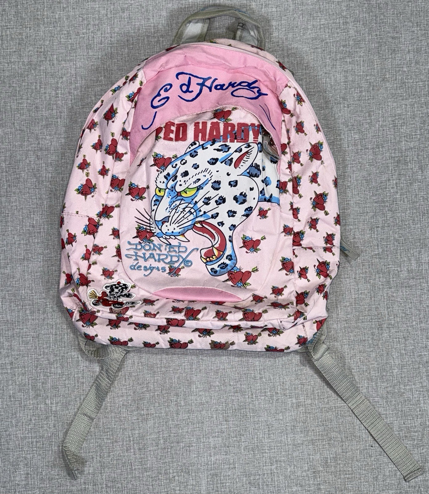 Ed Hardy Backpack Pink Canvas Snow Leopard Rose Y2K Christian Audigier Rare