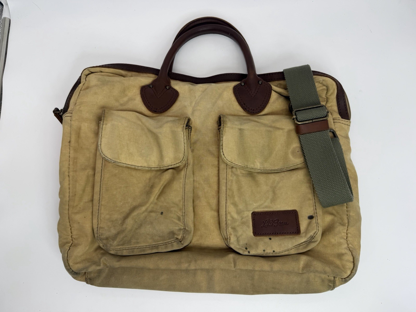 L.L. Bean Vintage Canvas Leather Messenger Laptop Briefcase Bag Plaid Distressed
