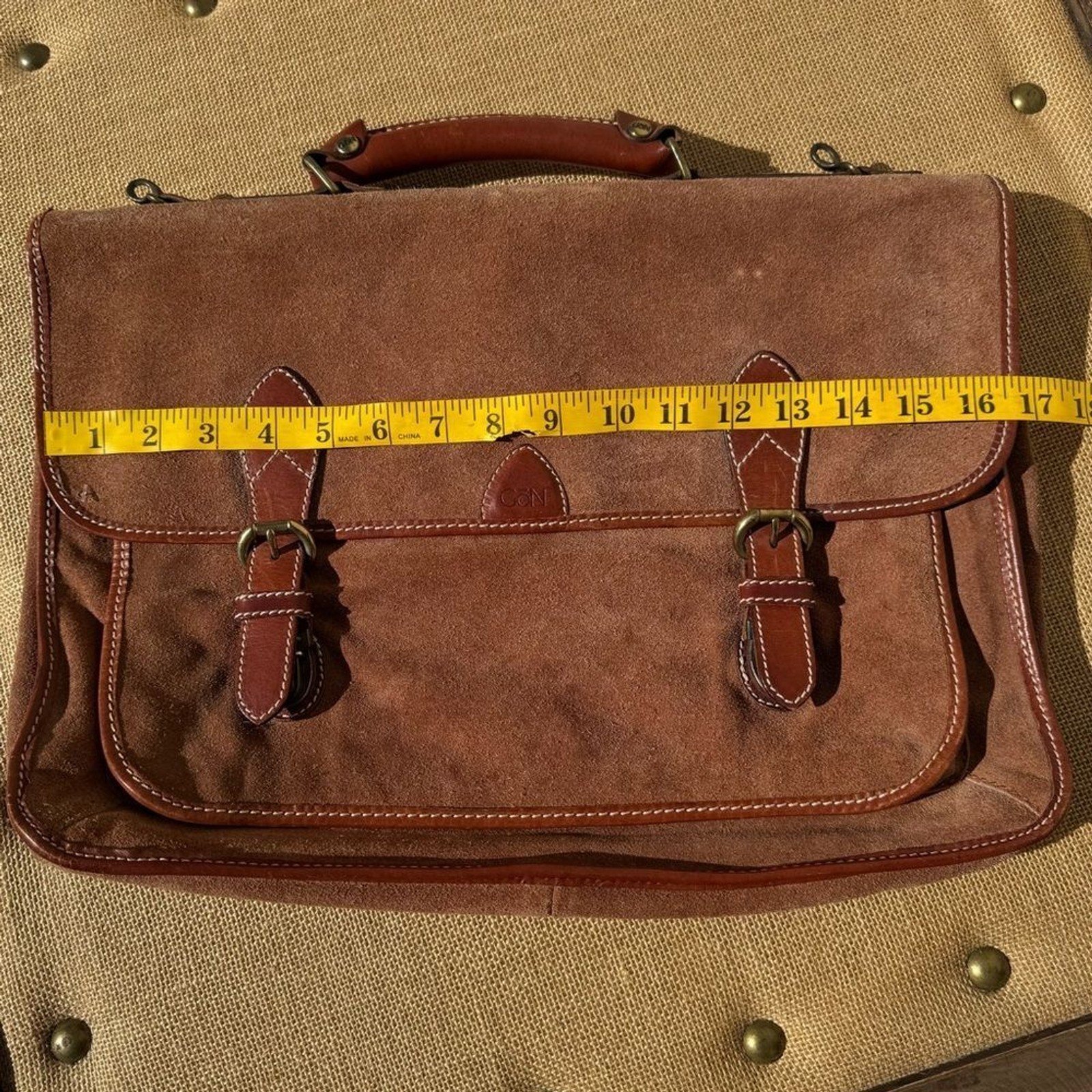 GoN Vintage Leather Suede Briefcase Messenger Bag Brown Plaid Lined 17”