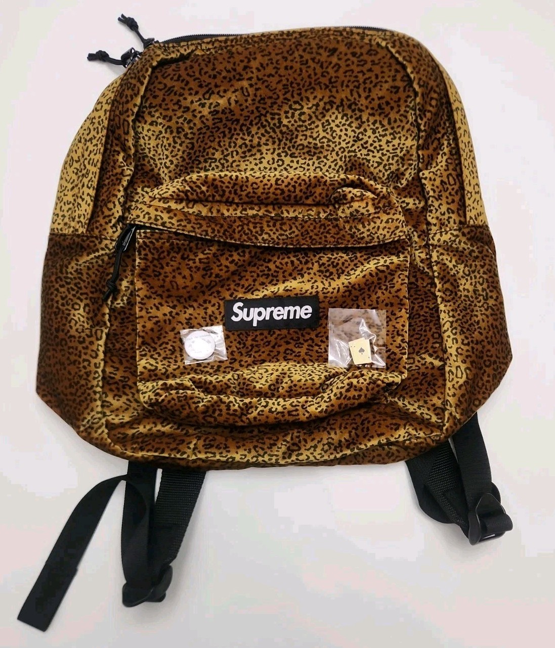 Supreme Velvet Backpack – Tan Leopard – NEW ( With Pins As Shown) Free Shipping