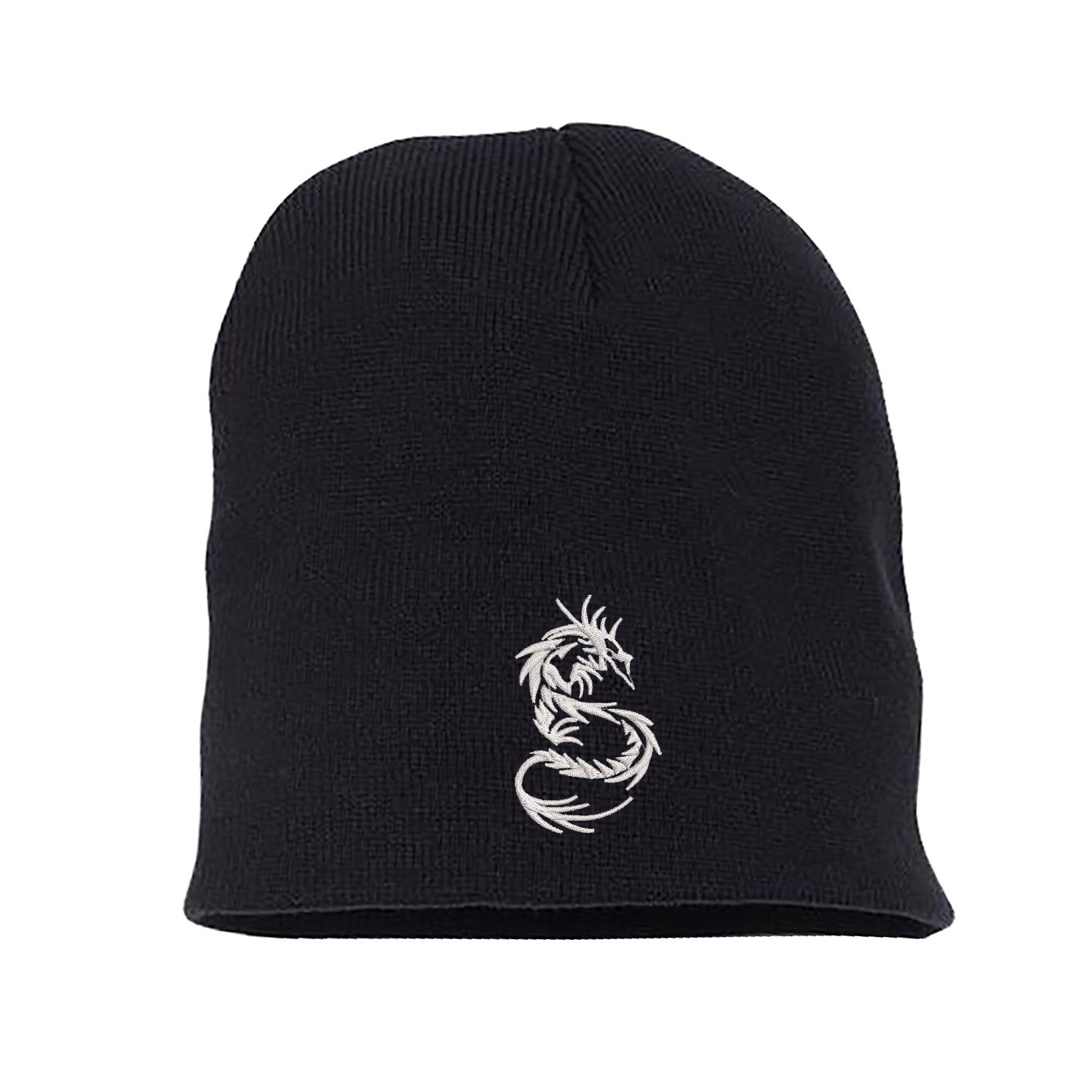 Dragon embroidered black skull beanie hat, custom short beanie
