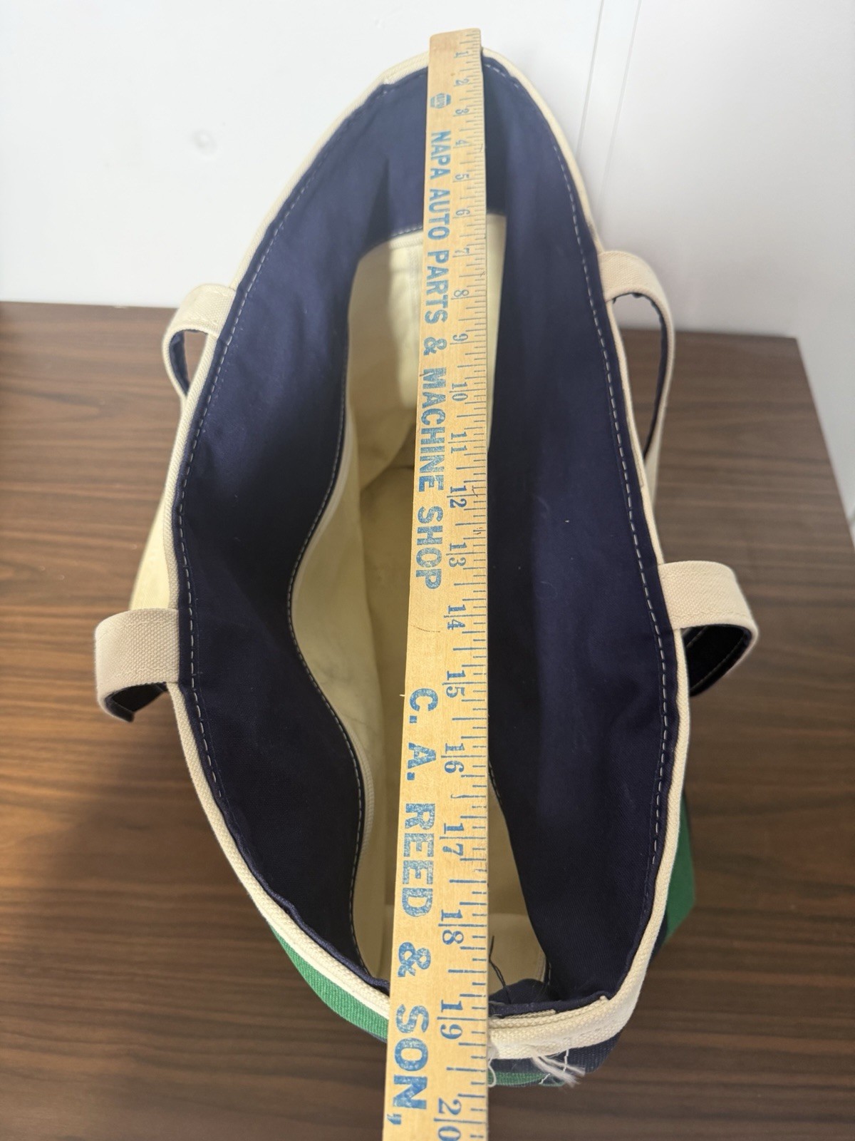 LL Bean Boat and Tote Bag Large Green Navy Striped Canvas Zip Top Vintage Rare