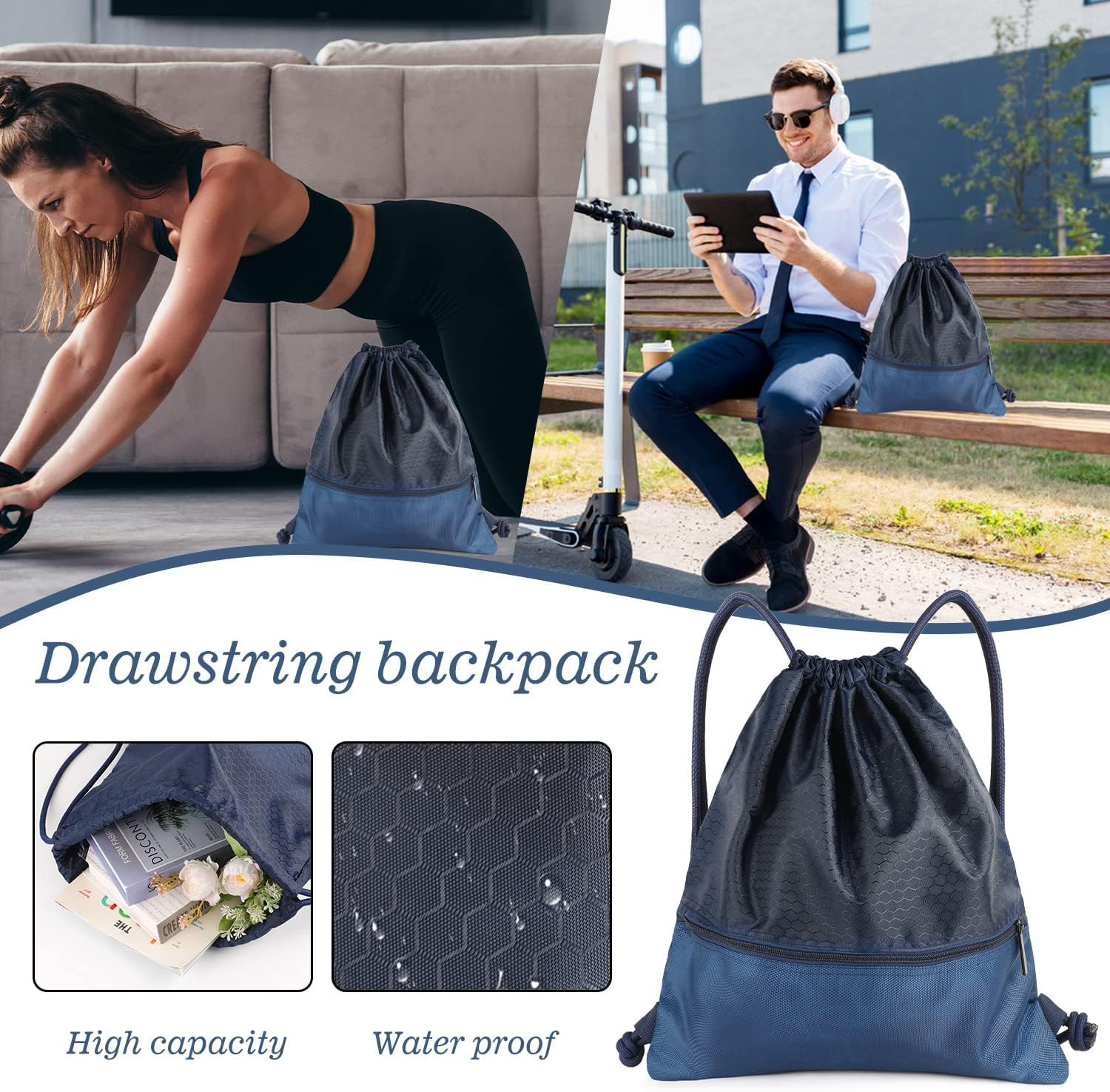 Waterproof Drawstring Backpack with Zip Pocket, Gym Swim Bag for Men Women