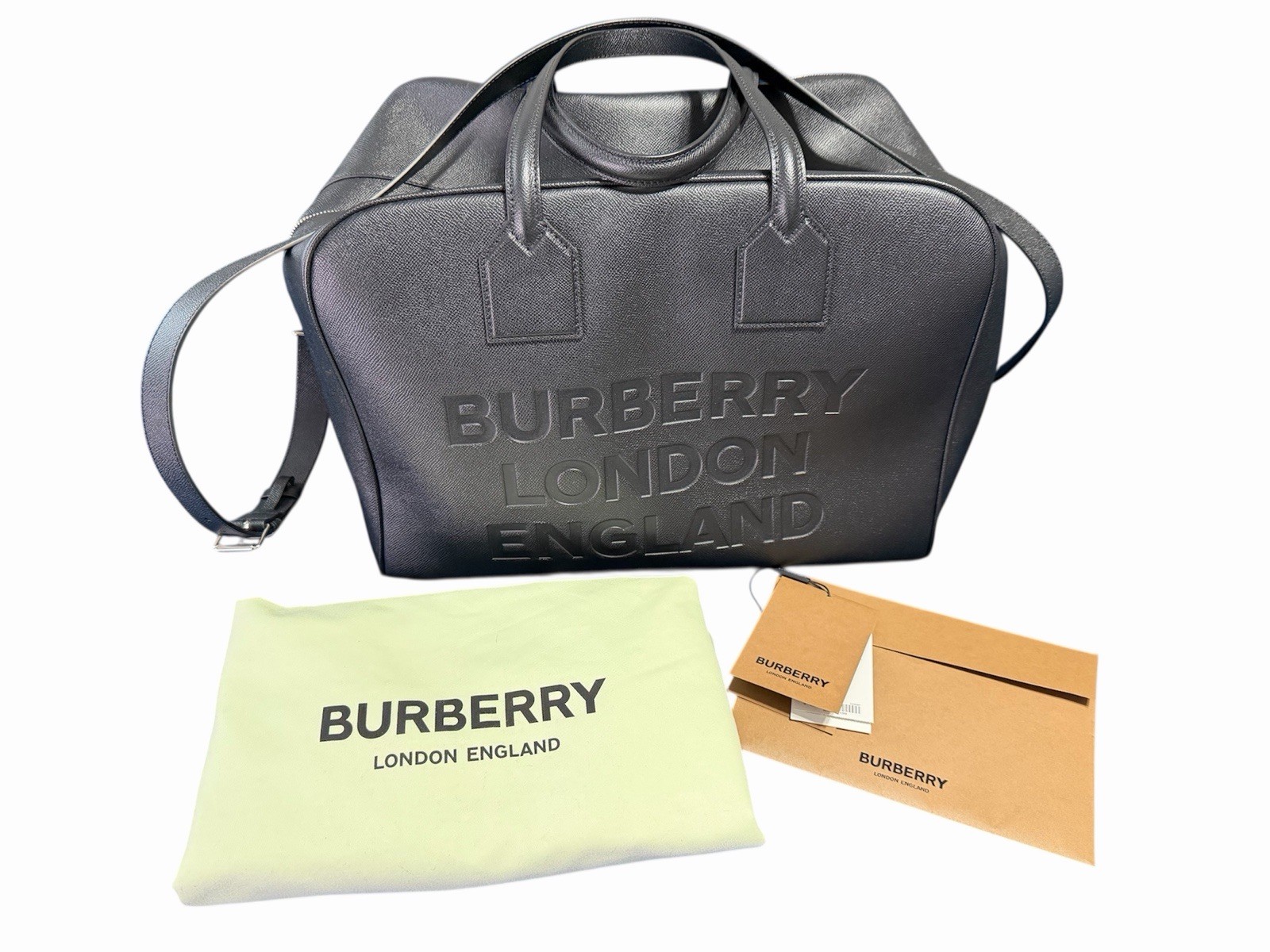 Burberry Black Calfskin Leather Cube Duffle Bag Logo Embossed Made in Italy