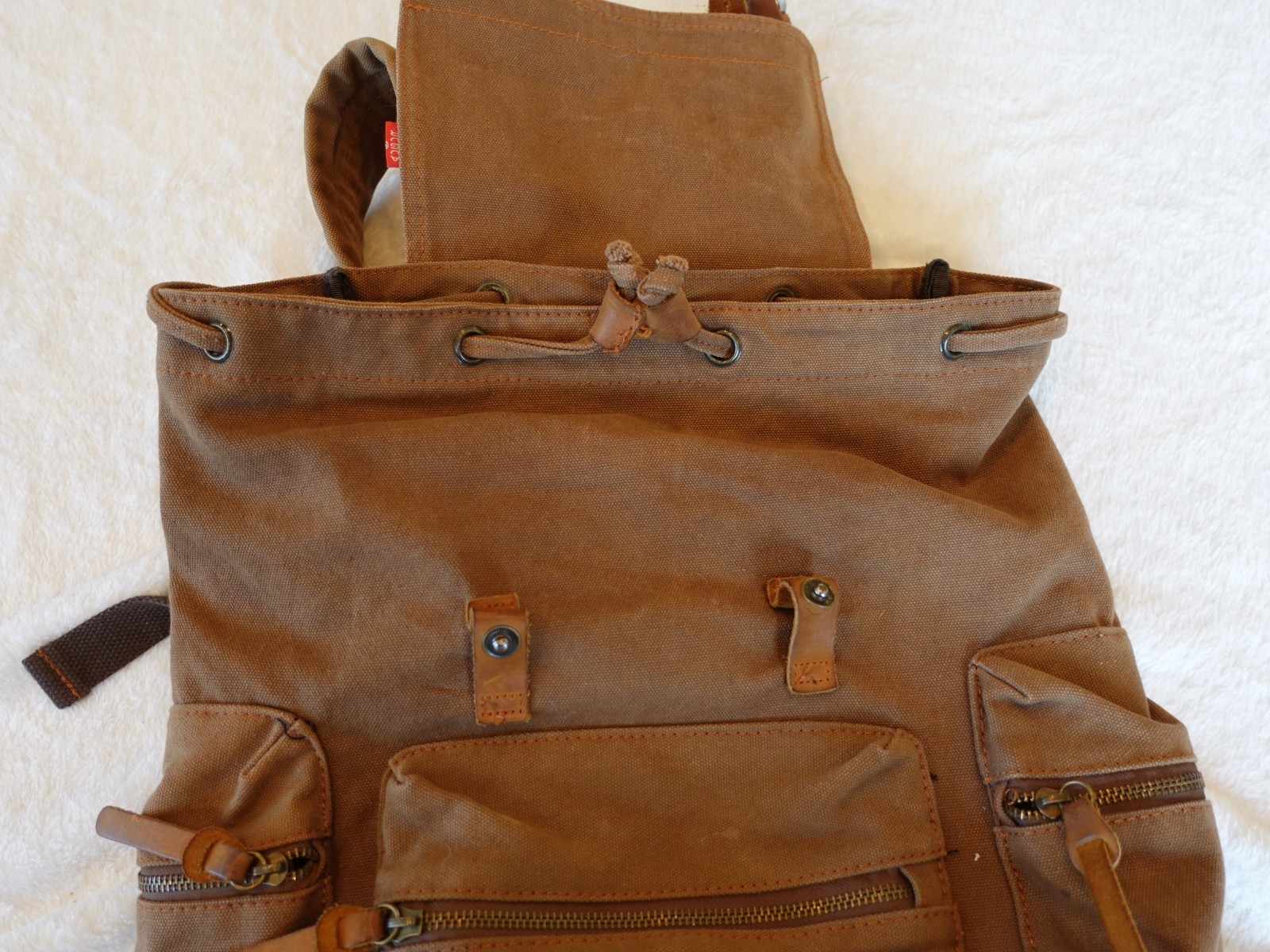 Augur Jans Brown Canvas Leather Strap Backpack Hiking Travel School Boho