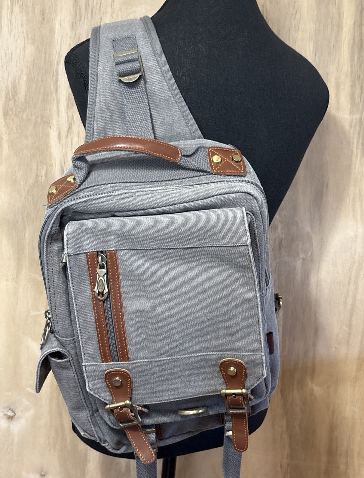 Retro Crossbody Sling Gray Canvas Messenger Bag 14″ Laptop EUC