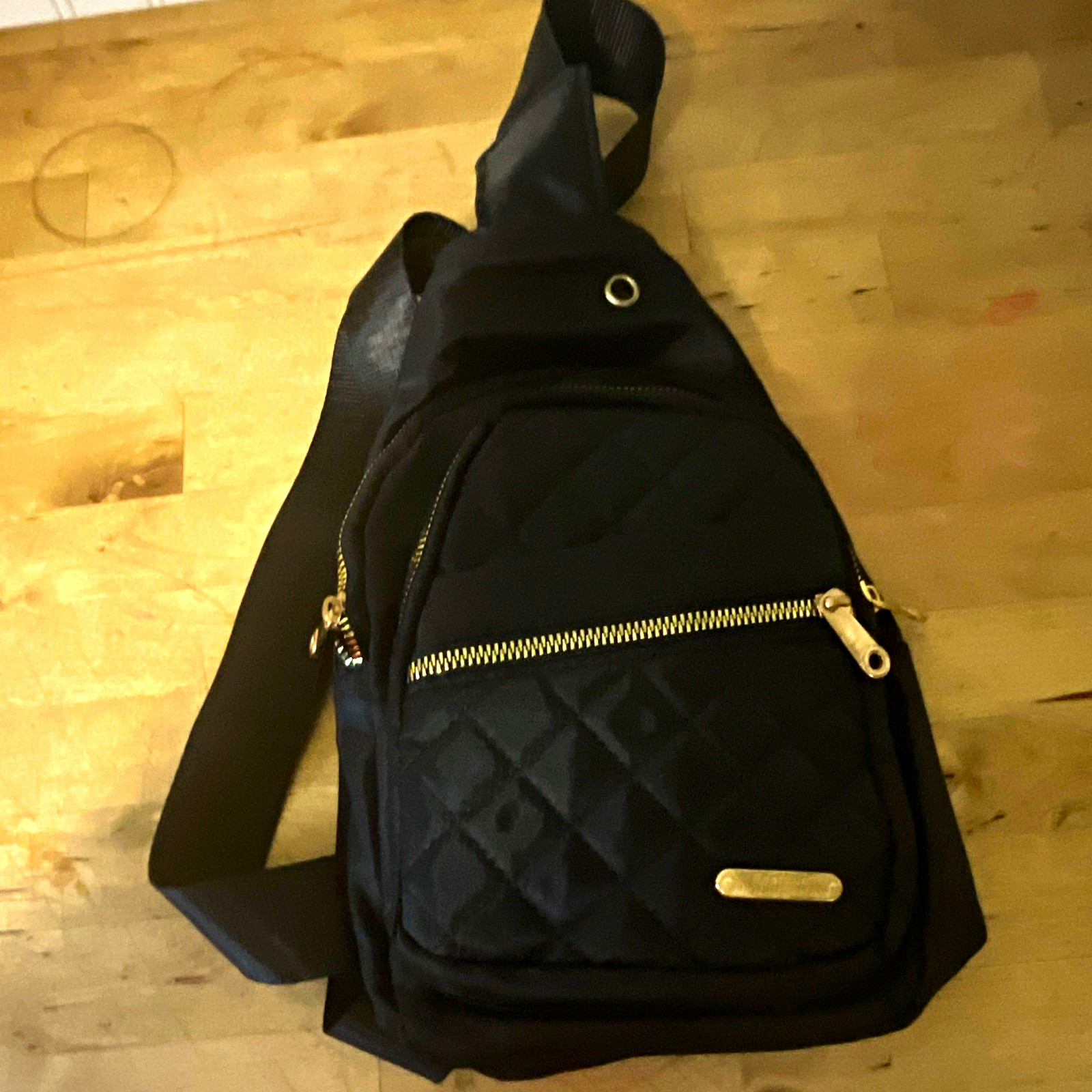 Black Quilted Sling Bag Crossbody Backpack, Zip Closure, Adjustable Strap