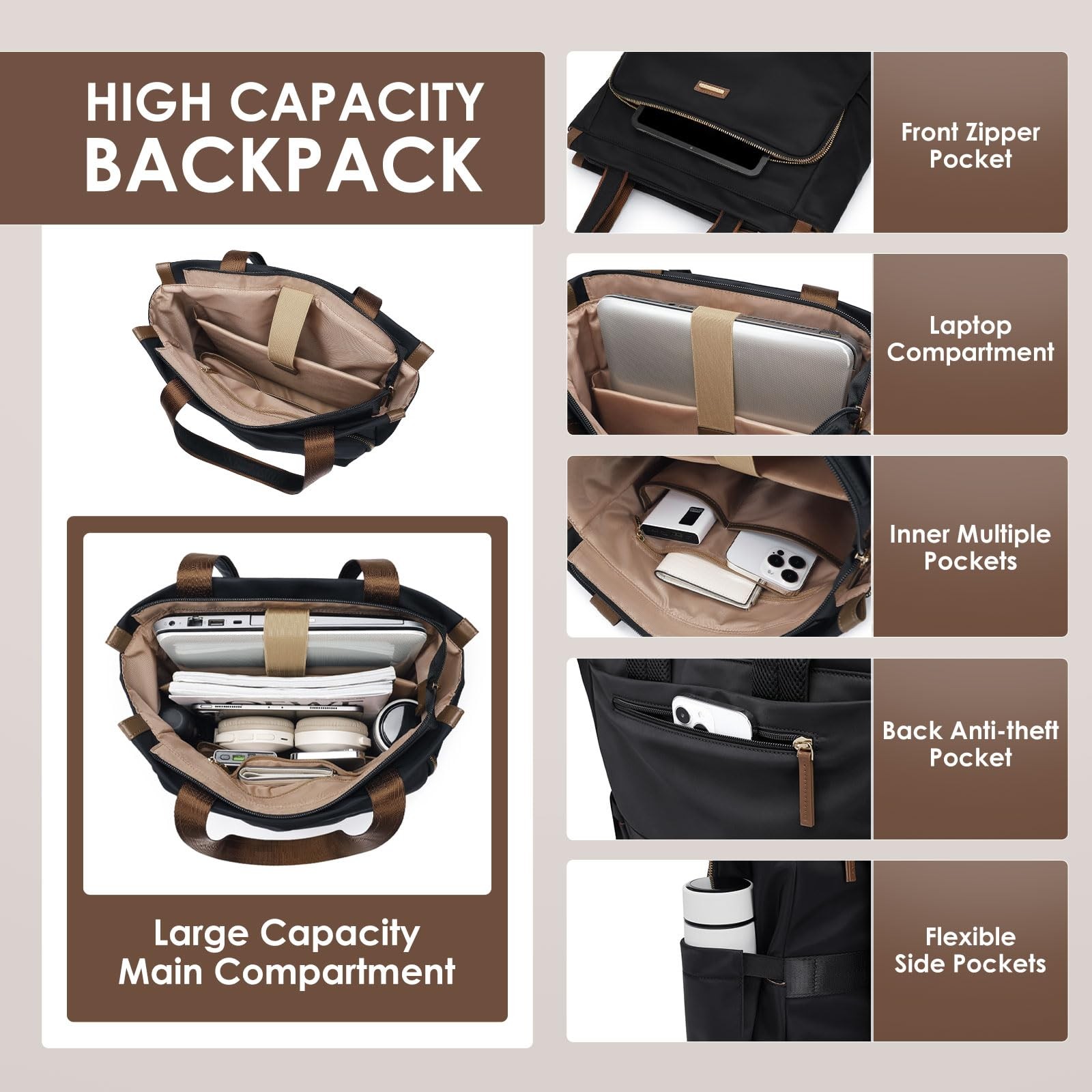 Convertible Laptop Backpack For Women Casual Daypack Notebook Tote Bag Black