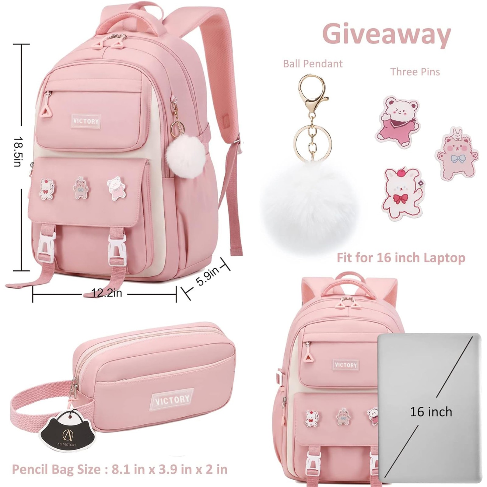 Backpack for Girls Set with Pencil Case 15.6 Inch Laptop School Bag Cute Kids…