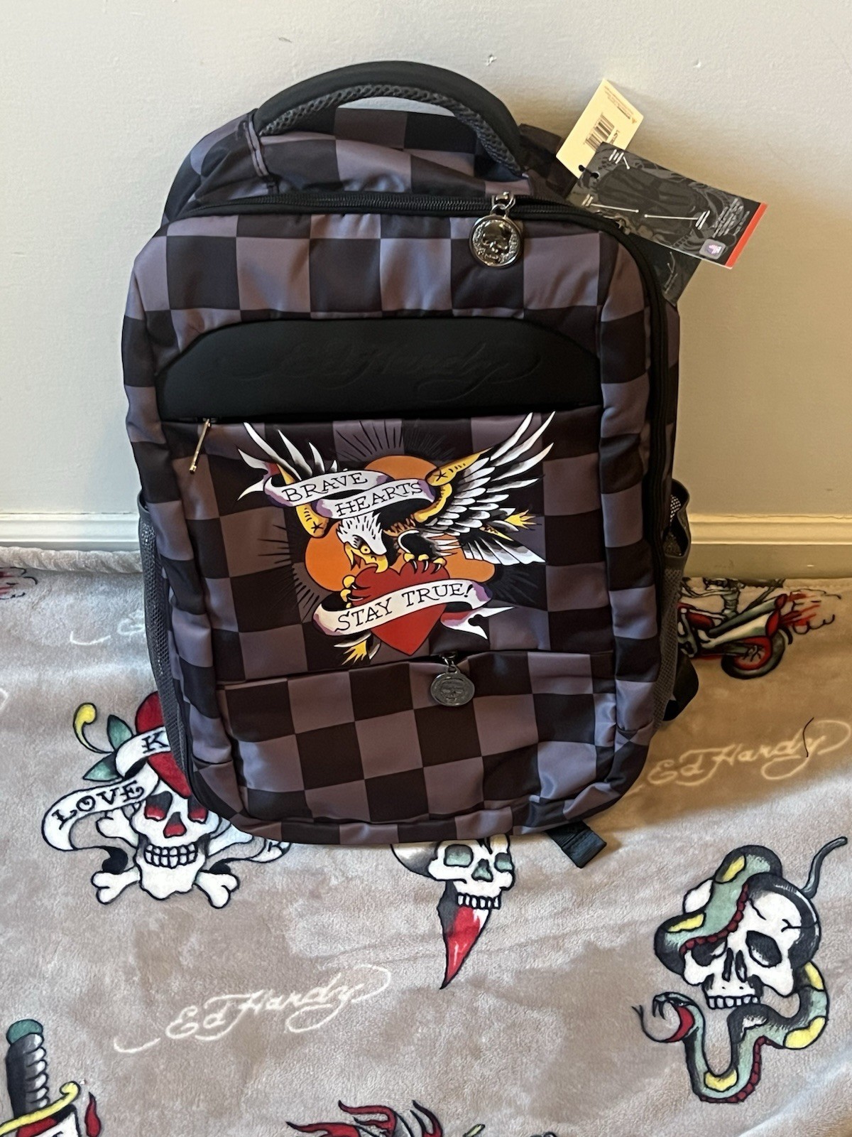 Ed Hardy Backpack Grey Black Checkered Brave Hearts Stay True Canvas Large NWT
