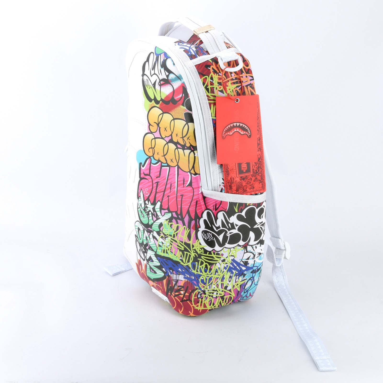 Sprayground Shark DLXV Leather Bag Backpack Half Graff White Zipper Pocket