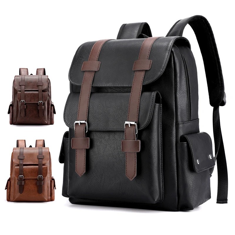 Men PU Leather Laptop Backpack Large Travel School Bag for Boys Black Brown