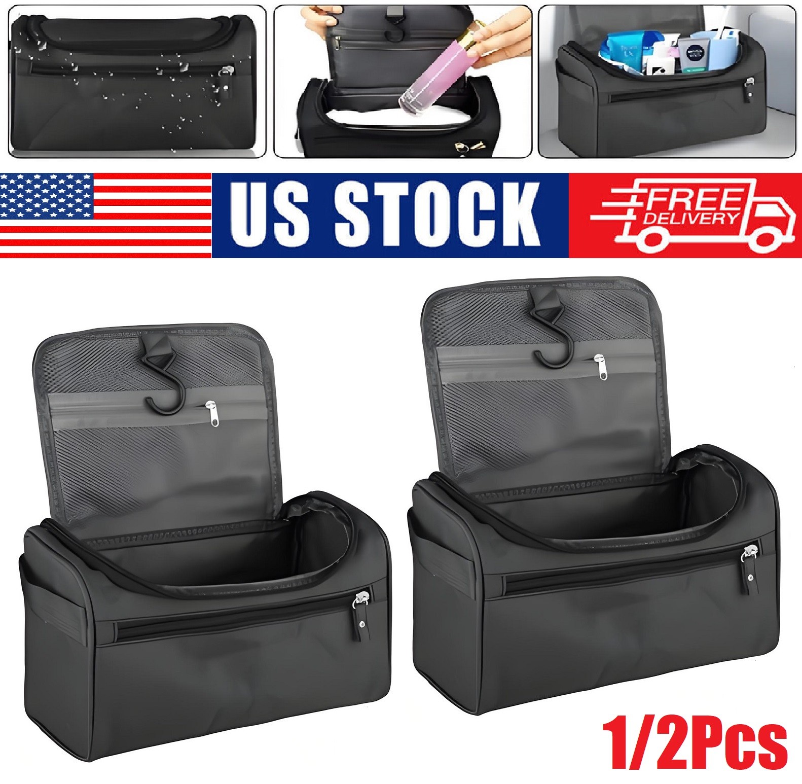 2× Men Travel Wash Bag Waterproof Toiletry Organizer Shaving Cosmetic Case Large