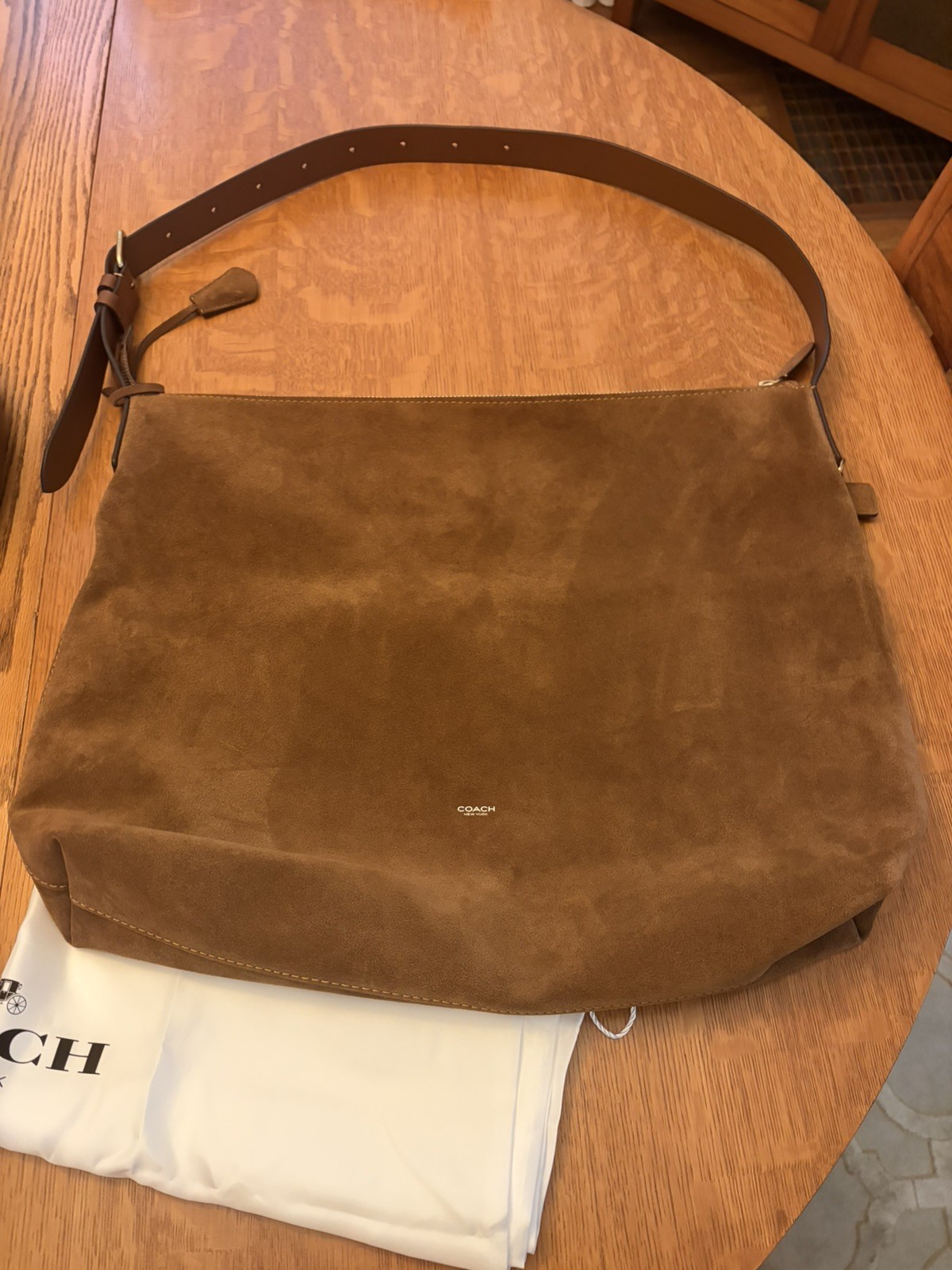COACH Mott Messenger Bag warm brown suede brass hardware