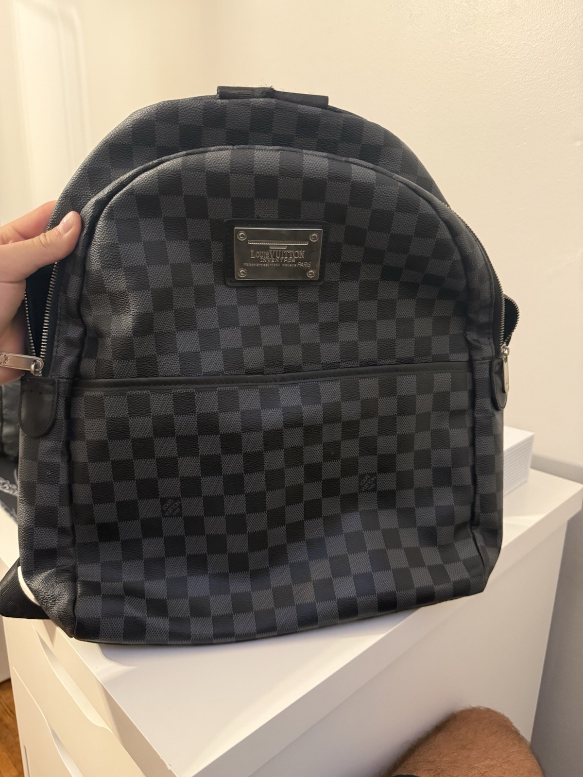 Louis Vuitton Men’s Checkered Zip Backpack Shoulder Strap Black Gray