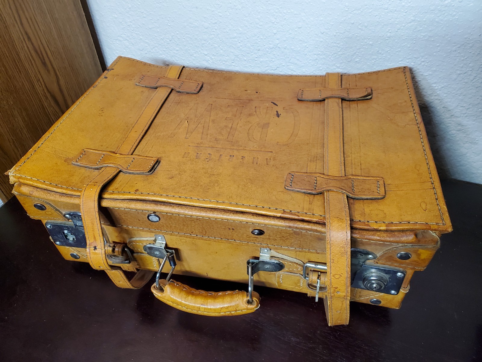 Vtg American Crew Leather Bound Men’s Shaving Case Overnight Luggage Bag